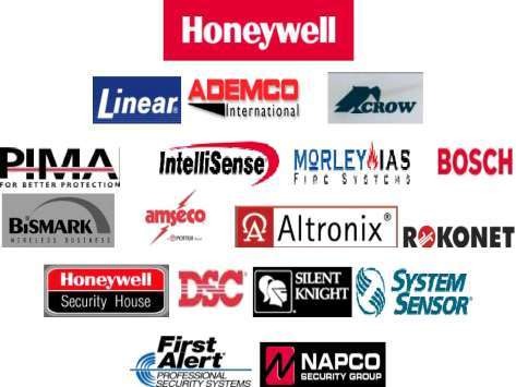 Honeywell, DSC, Bosch, Linear, Ademco, Crow, PIMA, IntelliSense, Morley-IAS, Bismark, Amseco, Altronix, Rokonet, Silent Knight, System Sensor, First Alert y Napco
